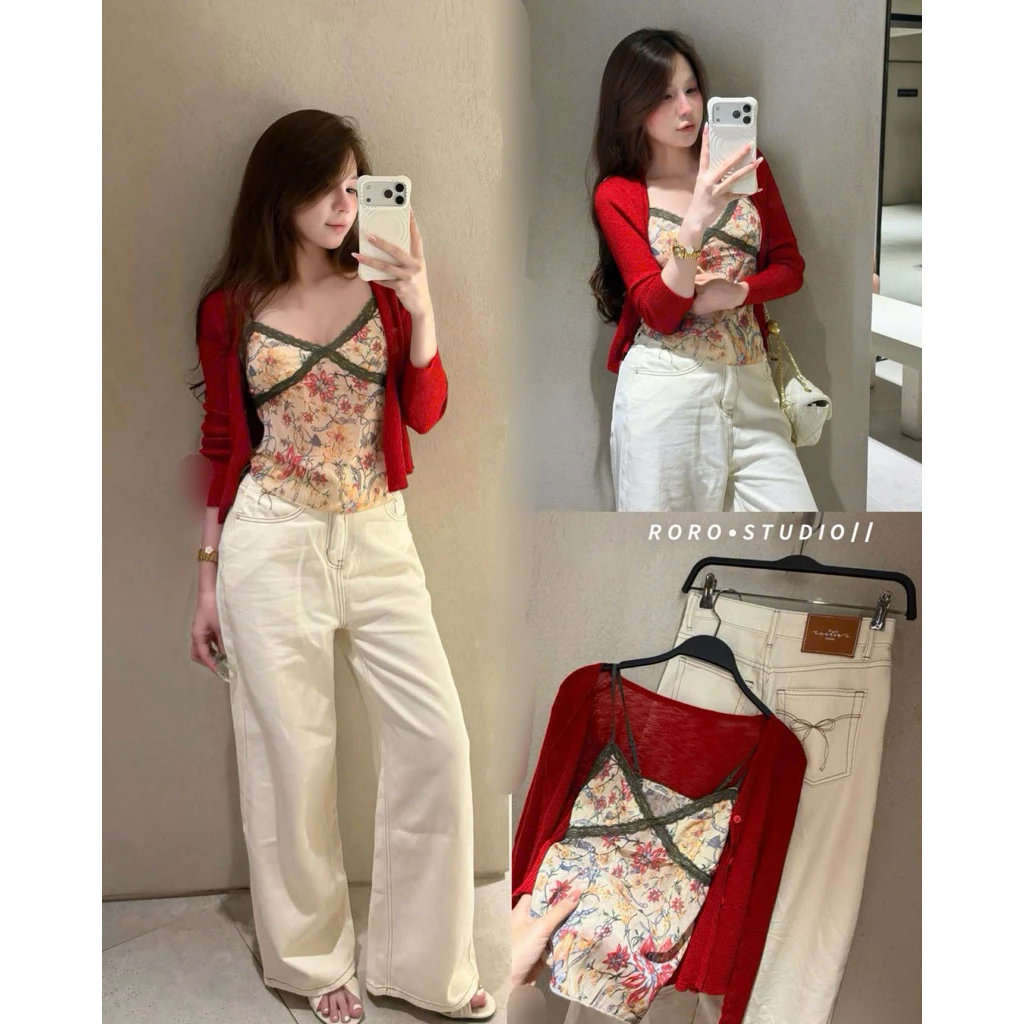 Set Áo 2 dây ren phối hoa sắc màu mix cdg đỏ - Hàng QC (kèm ảnh thật)