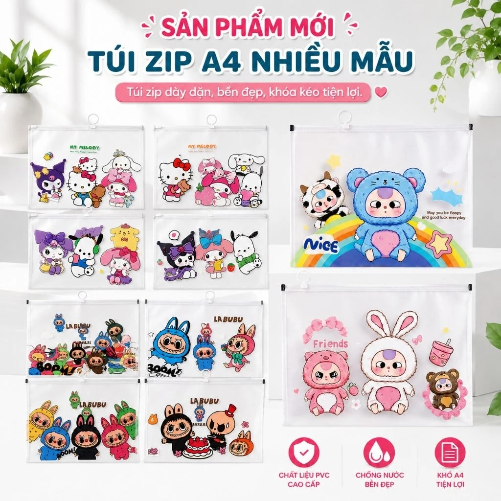 ​🌟 TÚI ZIP A4 ĐỰNG GIẤY VẼ, TÀI LIỆU HOẠT HÌNH DỄ THƯƠNG (MY MELODY, LABUBU, KUTE ANIMAL) 🌟