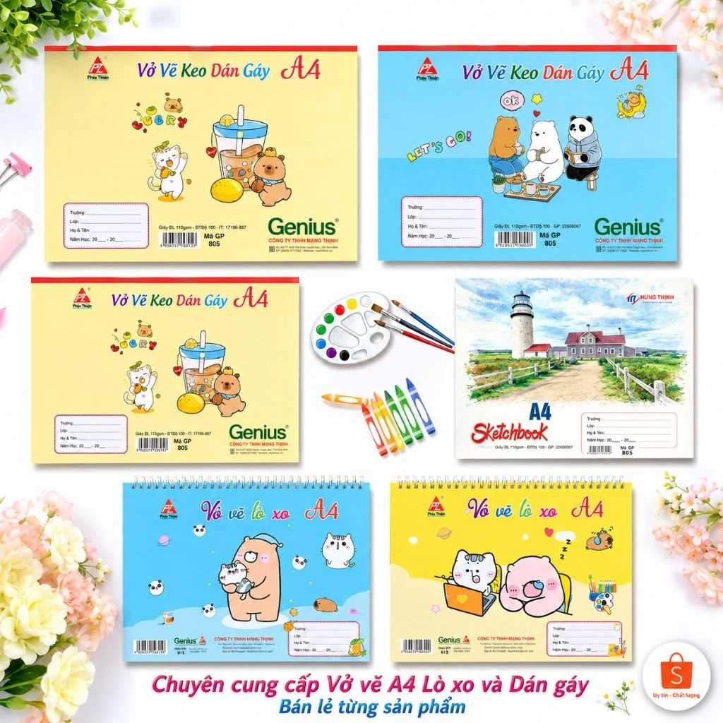 ​🎨 Vở Vẽ A4 Cao Cấp Genius - Nhiều Mẫu Siêu Cute (Lò Xo & Dán Gáy) 🎨