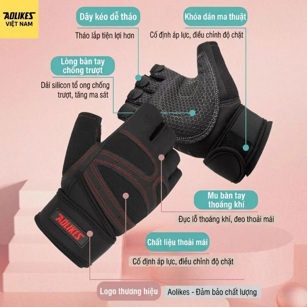Găng Tay Tập Gym AOLIKES AL109 – Đệm Silicon Chống Trượt, Tích Hợp Đai Quấn Cổ Tay Trợ Lực