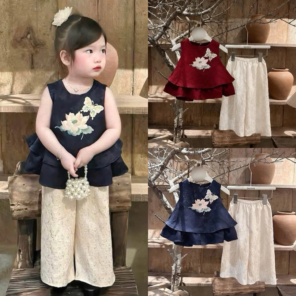Set đồ trung thu cho bé gái sz 8-35kg chất gấm thêu sen, đồ bộ cho bé gái áo+quần đi học đi chơi trung thu