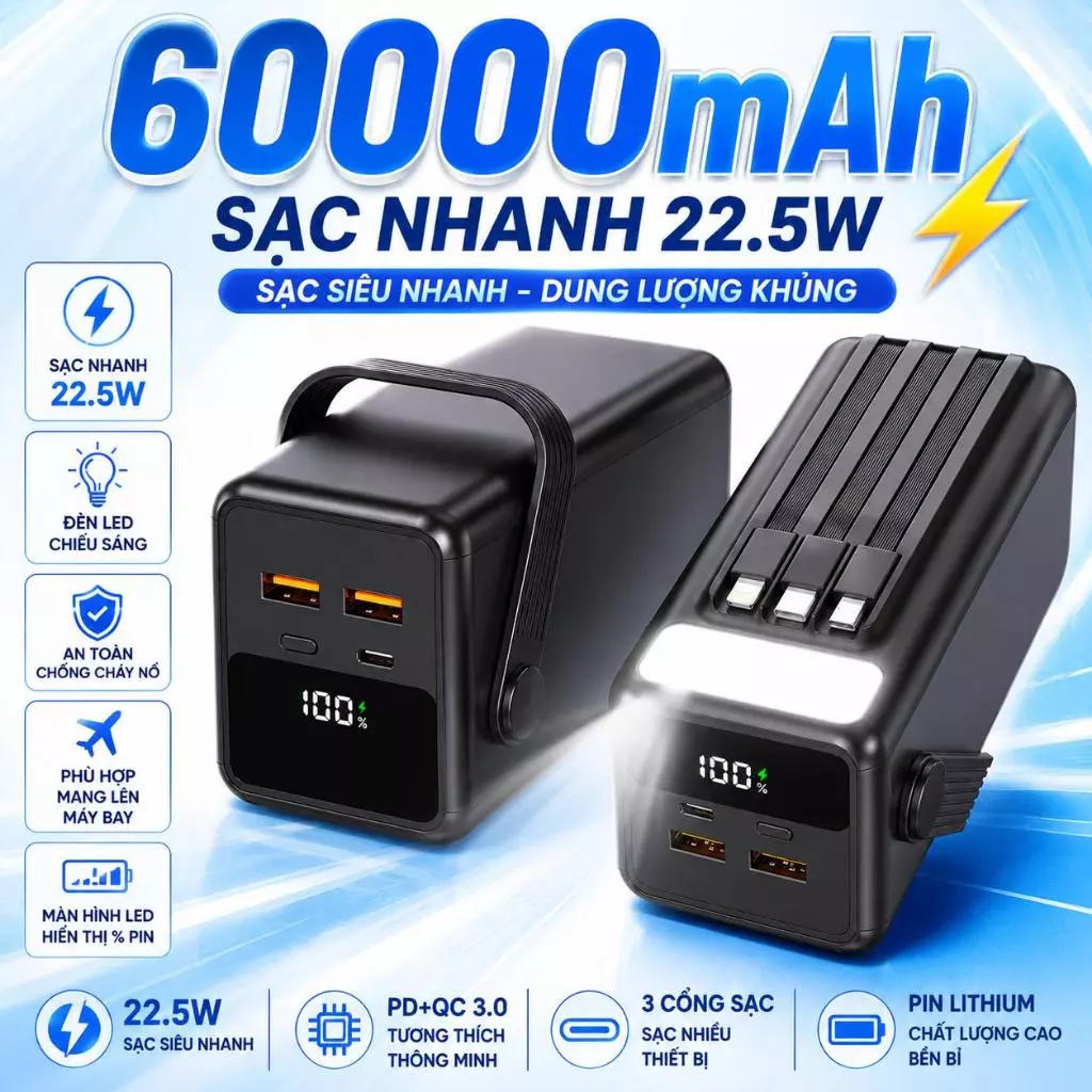 Trạm Sạc dự phòng 60.000mAh PD 22.5W tích hợp 8 cách thức sạc, Pin dự phòng sạc đa năng Linkeetech