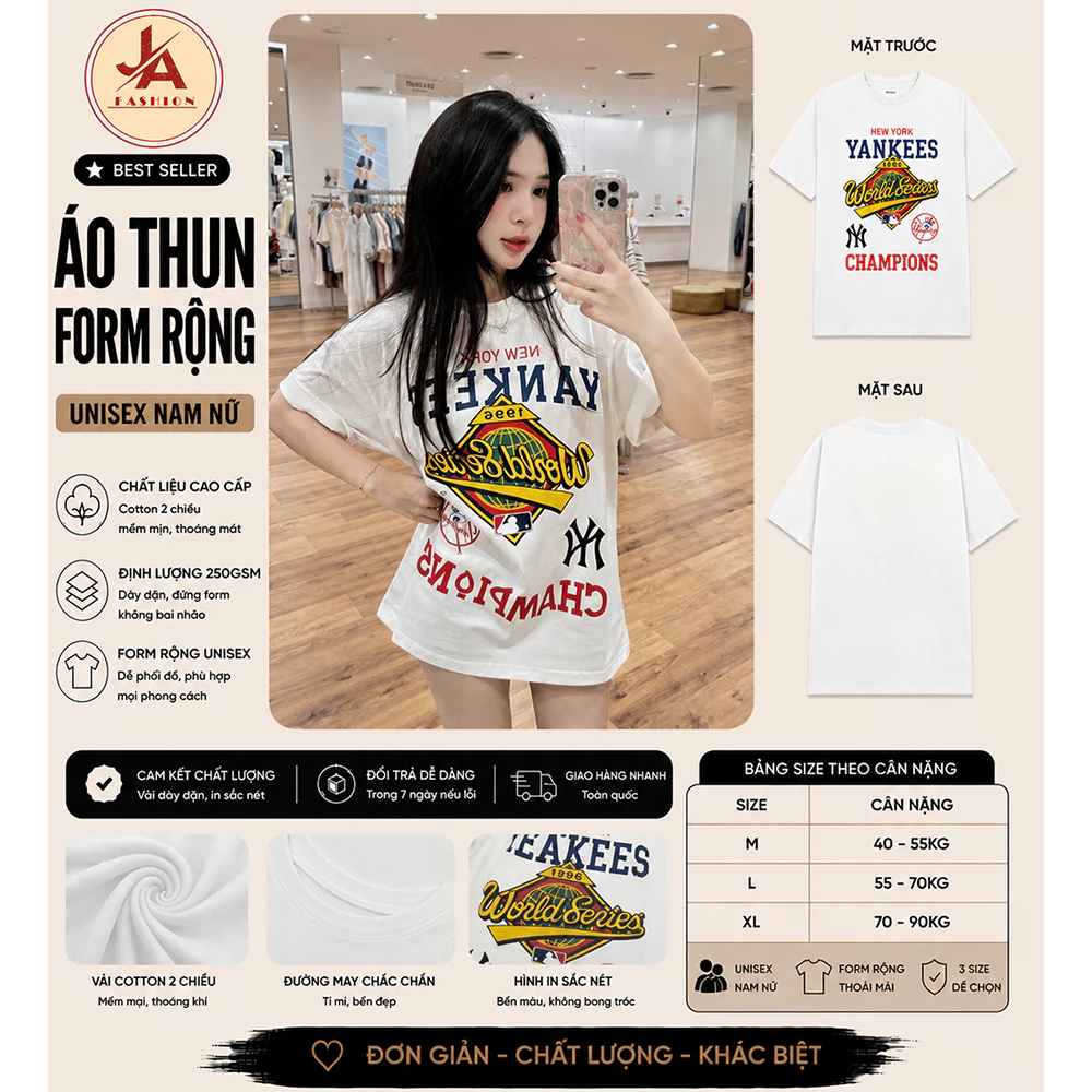 Áo thun form rộng nam nữ Yankees mới tay lỡ unisex chất cotton cao cấp 2026