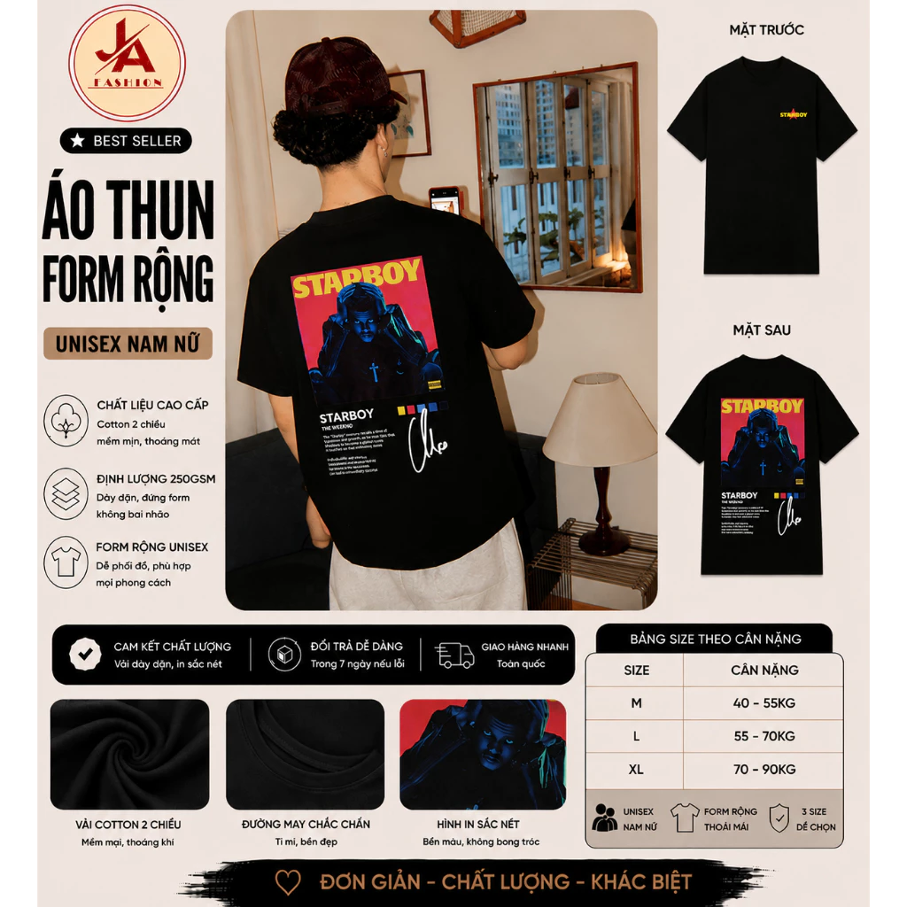 Áo thun form rộng boxy Nam Nữ, Áo Phông Unisex In Hình STARBOY/STARGIRL 100% Cotton 2C Thoáng Mát