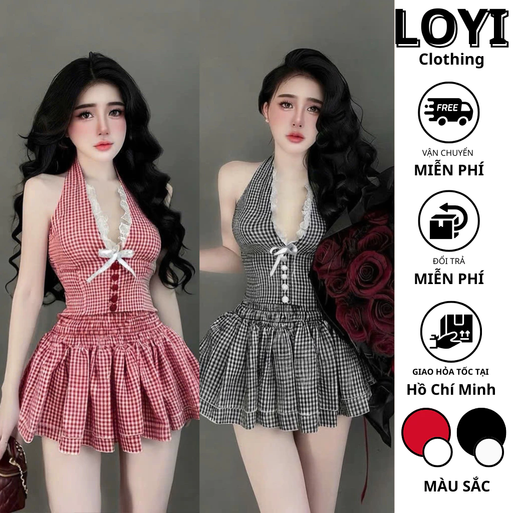 [Hỏa Tốc] Set Áo Caro Cổ Yếm Phối Ren + Chân Váy Xếp Ly, Set Đồ Nữ Tiểu Thư, Gợi Cảm Đi Chơi Du Lịch