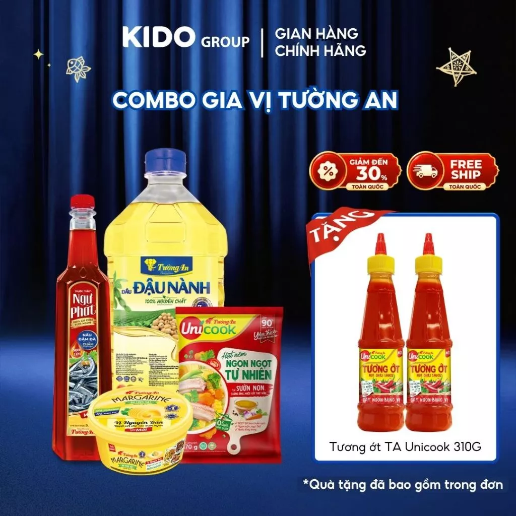 Combo Gia vị Tường An (Dầu Nành Premium 2L + Hạt Nêm Sườn Non 400g + Bơ 200g + Nước Mắm)