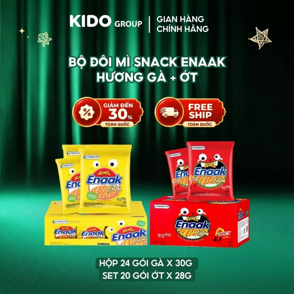 Bộ đôi: 24 gói Mì Snack Enaak Hương Gà 30g + 20 gói Mì Snack Enaak Hương Ớt 28g