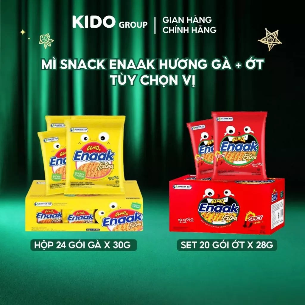 Tùy Chọn Vị - Hộp 24 gói Snack Mì Enaak Hương Gà Vàng 30g hoặc Set 20 gói Snack Enaak Hương Ớt Cấp Độ 1 28g