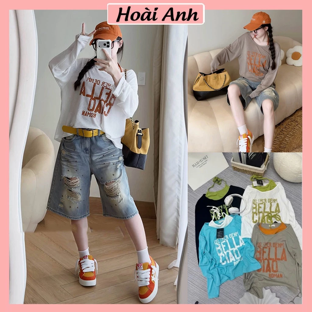 Áo Thun Giấy Bella Dài Tay Cổ Rộng Kèm Áo Yếm Zip 2CT Dây Nơ Cổ