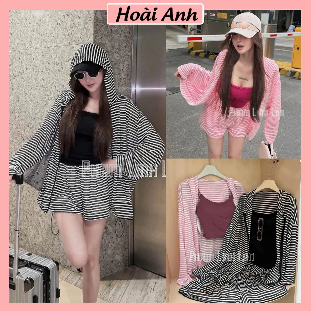 Set Bộ Đồ Nữ 3 Món Áo Khoác Thun Giấy Kẻ Ngang Có Mũ kèm Aos Zip 2 Dây Mix Quần Sooc Đùi Ống Rộng