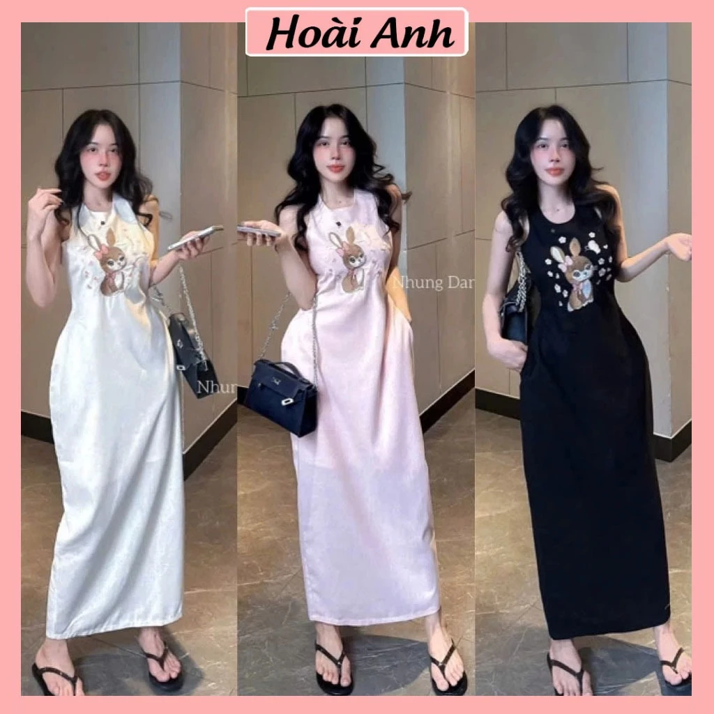 Váy Maxi Sát Nách Thêu Thỏ Cute Chất Đũi Linion Mềm Mịn Đầm Nữ Dáng Dài