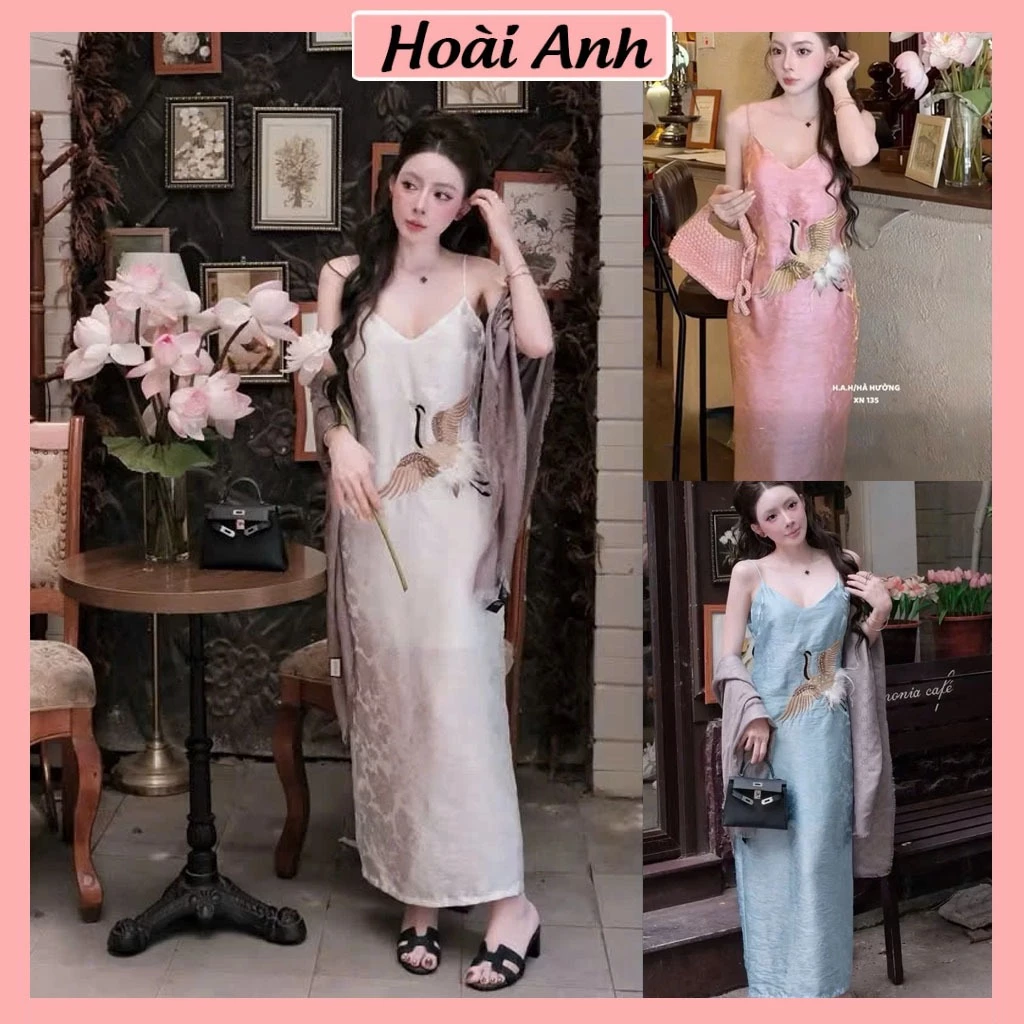 Váy Lụa Gấm 2 Dây Maxi Thêu Hạc Đính Lông Nổi Đầm 2s Nữ Dáng Dài Sang Chảnh