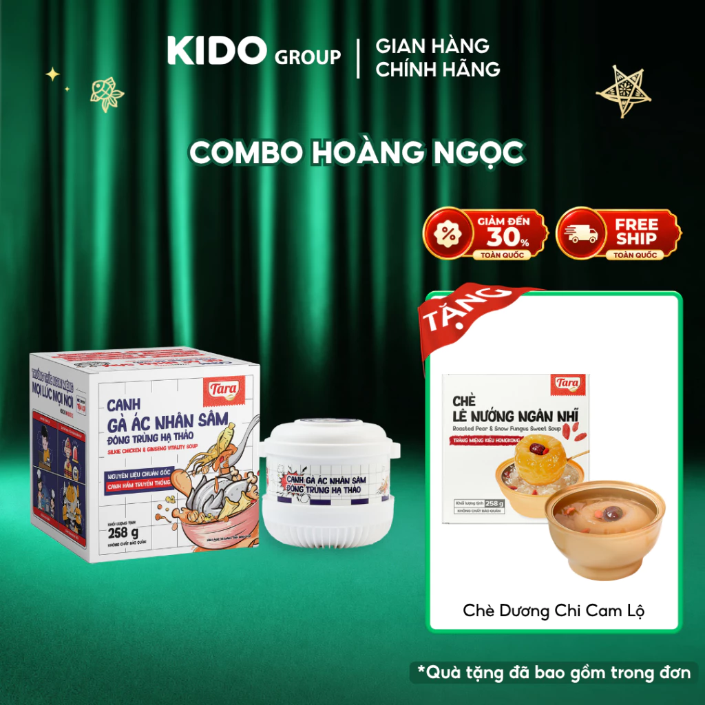 COMBO HOÀNG NGỌC: Canh Gà Ác Nhân Sâm Đông Trùng Hạ Thảo Hộp 258G TẶNG Chè Lê Nướng Ngân Nhĩ 168G I TARA