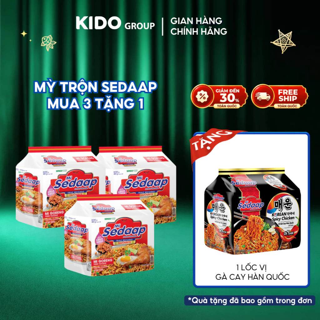 [TẶNG 1 LỐC VỊ GÀ CAY HÀN QUỐC] COMBO 3 LỐC: Mì trộn Sedaap vị mì xào 90g x15 gói