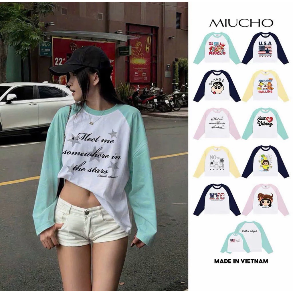 Áo thun boxy tay dài raglan BST hoạt hình phối chữ Hàn Quốc Miucho