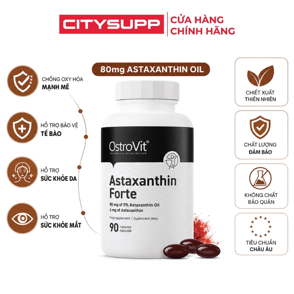 Viên Uống Chống Oxi Hóa, Đẹp Da Ostrovit Astaxanthin FORTE (90 Viên) Tăng Cường Hệ Miễn Dịch | CitySupp