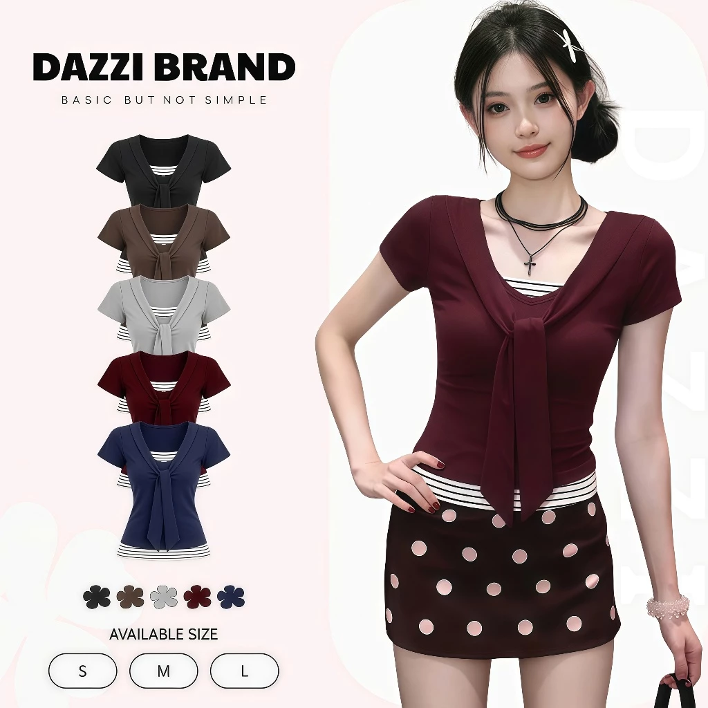 Áo thun nữ tay ngắn cổ tròn viền sọc phối dây thắt nơ xinh xắn chất cotton mịn B05