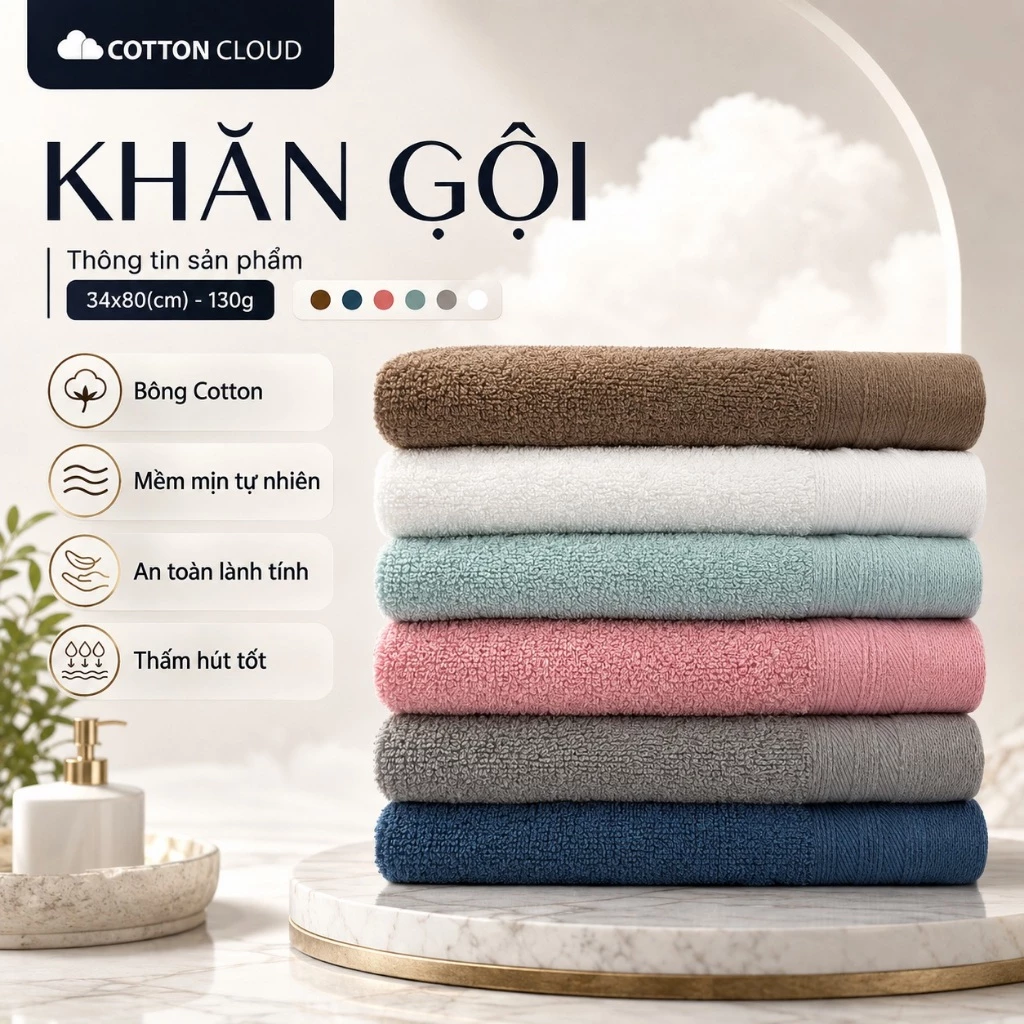 Khăn Gội Khăn Lau Cotton Cloud Bông Cotton Mềm Mịn Kích Thước 35 x 80cm Thấm Hút Tốt, Bông Dày An Toàn Lành Tính