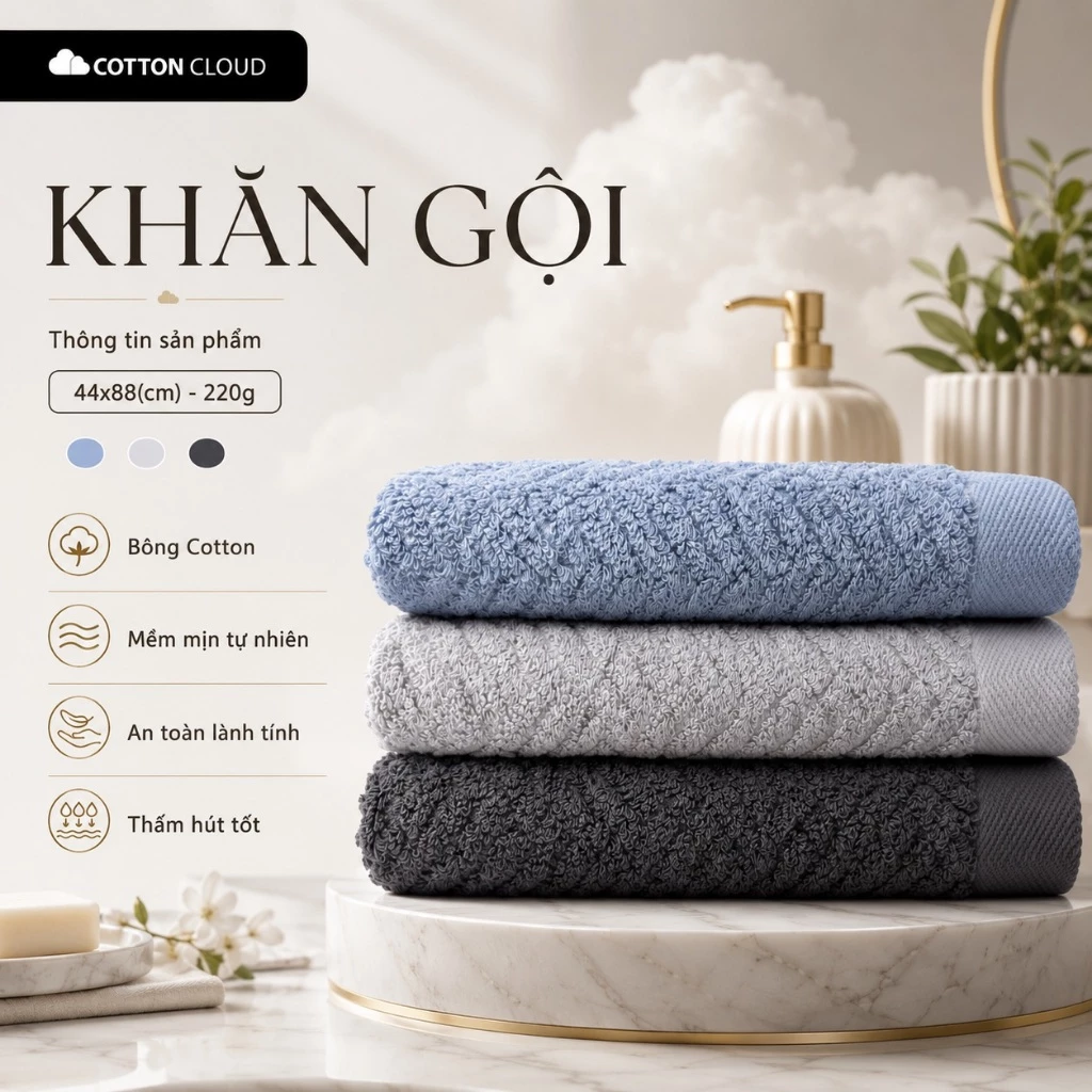 Khăn Tắm Gội Khăn Khăn Lau Bông Cotton Cao Cấp Kích thước 44x88cm - 220g Khăn Mặt Chữ V Bông Dầy Mềm Mịn Thấm Hút Tốt