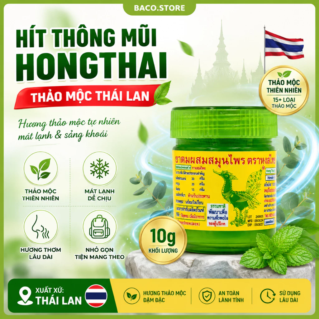 Hít Thông Mũi HongThai 10g Thái Lan Chính Hãng - Hũ Hít Mũi Thảo Dược Thái Lan