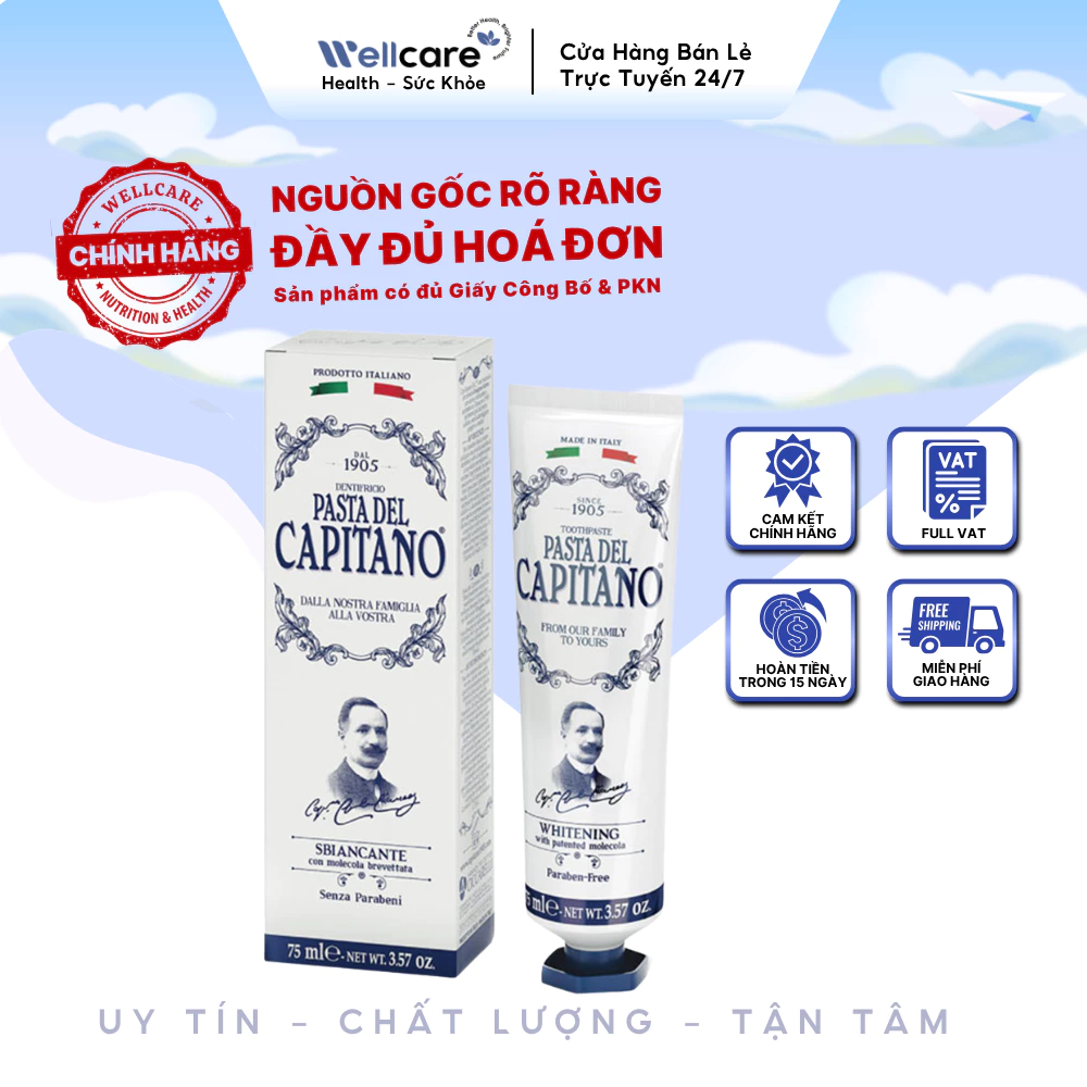 [✨CHÍNH HÃNG] Pasta del Capitano 1905 Whitening Toothpaste 75ml Hỗ Trợ Làm Trắng Răng