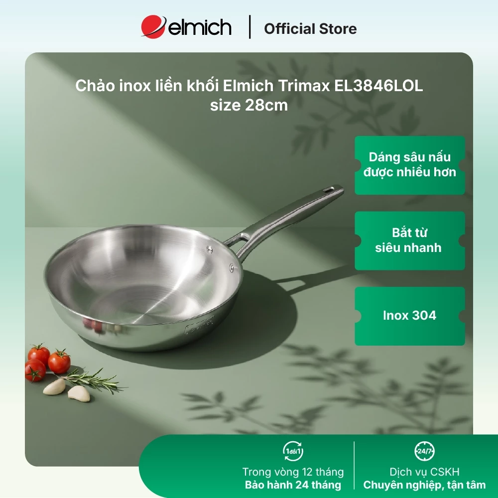 Chảo nguyên khối sâu lòng inox 304 cao cấp Trimax EL-3846M-L-OL size 26,28cm