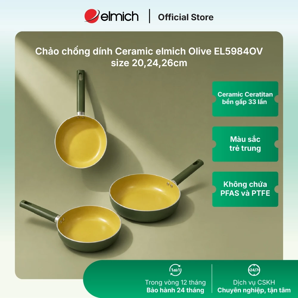 Chảo chống dính Ceramic elmich Olive EL5984OV Size 20, 24, 26cm