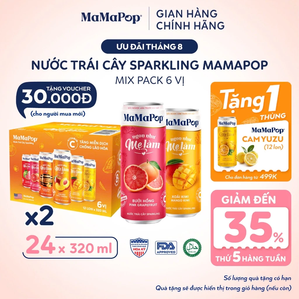 Combo 2 Thùng Nước Trái Cây Có Gas MaMaPop Mix 6 Vị (24 Lon x 320ml) ÍT ĐƯỜNG Từ Trái Cây Nguyên Chất, Bổ Sung VITAMIN C