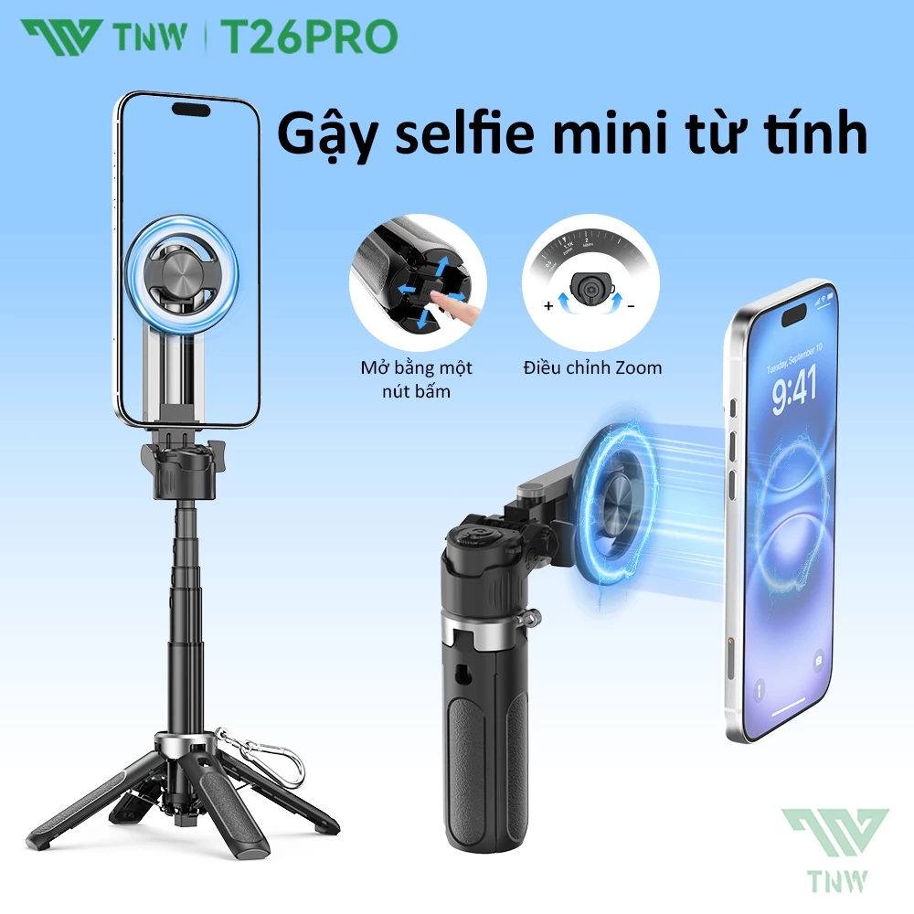 TNW T26PRO Magnetic Gậy Selfie Từ Tính Mini 3 Trong 1, Remote Bluetooth Zoom Cho Chụp Ảnh Và Livest