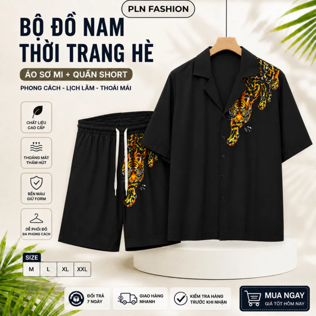 set bộ đồ nam PLN in họa tiết hổ thời thượng, bộ lụa nam mùa hè cộc tay form dáng thoáng mát N66