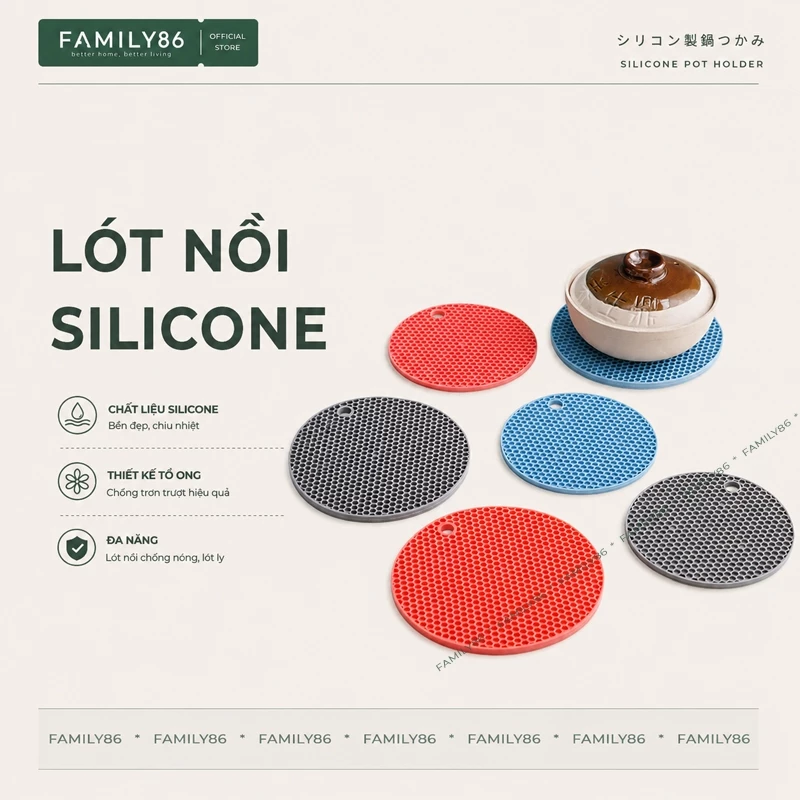 Miếng lót nồi silicon chống nóng chống trượt chịu nhiệt, miếng cách nhiệt nhấc nồi, đế lót nồi