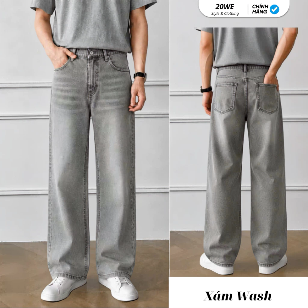 Quần Jean Nam Xám Trắng Ống Rộng XG01 Dáng Baggy Suông Màu Xám Wash Chất Jeans Demin Hàn Quốc Hottrend 2026 - 20WE