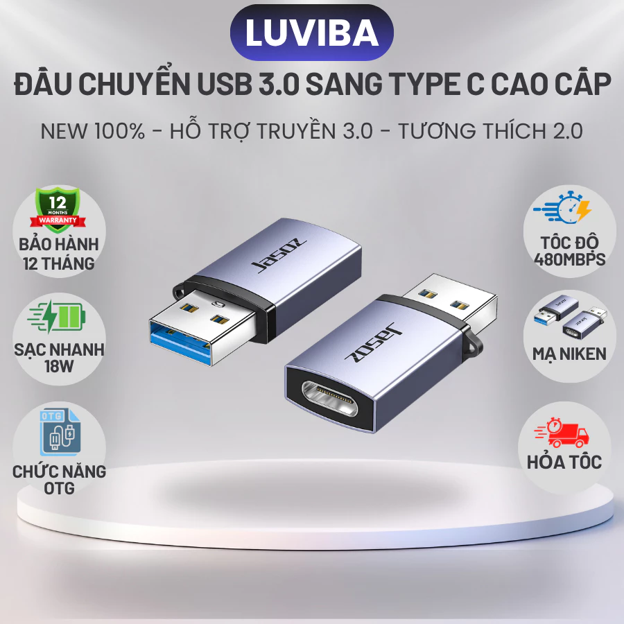 Đầu chuyển USB 3.0 sang Type-C hỗ trợ sạc nhanh 18W và chức năng OTG, truyền 3.0 tương thích 2.0