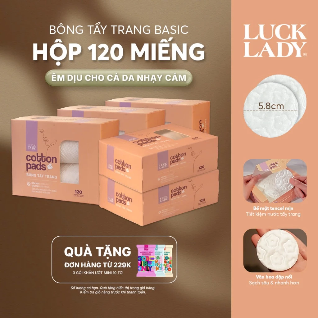 [LIVE Combo 5] Bông tẩy trang Luck Lady tròn 120 miếng/hộp, hoa văn dập nổi, chất liệu Cotton & Tencel mềm mịn