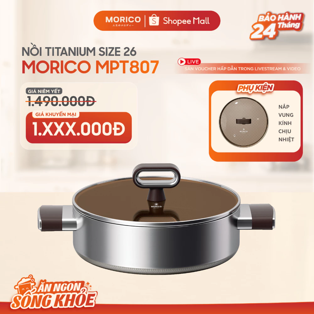 Nồi Titanium Shield MORICO MPT807 Size 26cm _ Dung Tích  3.6L,Kèm Nắp Kính, Đúc Liền Khối, Chống Dính An Toàn