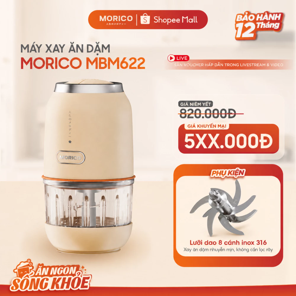 Máy Xay Đồ Ăn Dặm Cho Bé Morico MBM622, Xay Nhuyễn Cháo Thịt Rau Củ,8 Lưỡi Inox 316, Cối Thủy Tinh 300ml