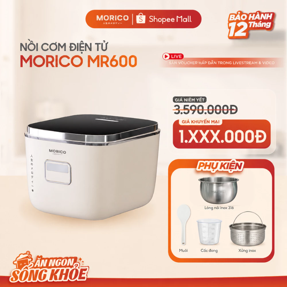 Nồi Cơm Điện Tử Morico MR600 Dung Tích 1.2L_Nồi Cơm Giảm Đường, Lòng Nồi Inox 316, Nấu Cơm Dẻo Ngon