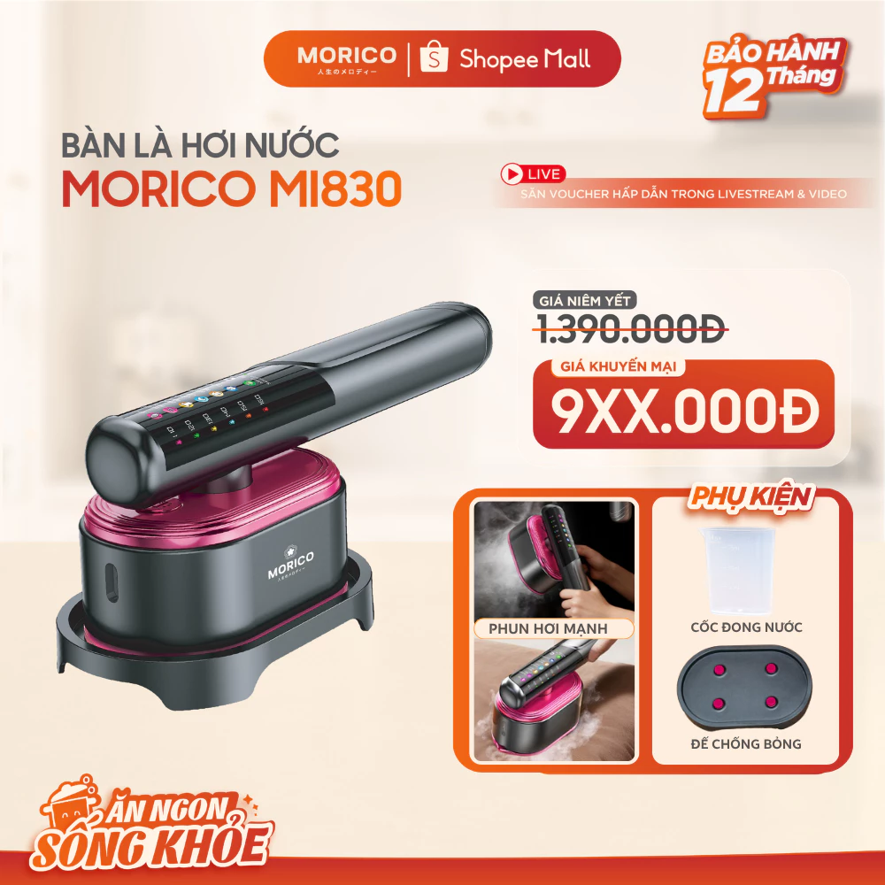 Bàn Là Hơi Nước Cầm Tay Morico MI830, Bàn Ủi 2in1 Hơi + Ủi Khô, 5 Chế Độ ,LED Cảm Ứng, Cầm Tay Tiện Lợi