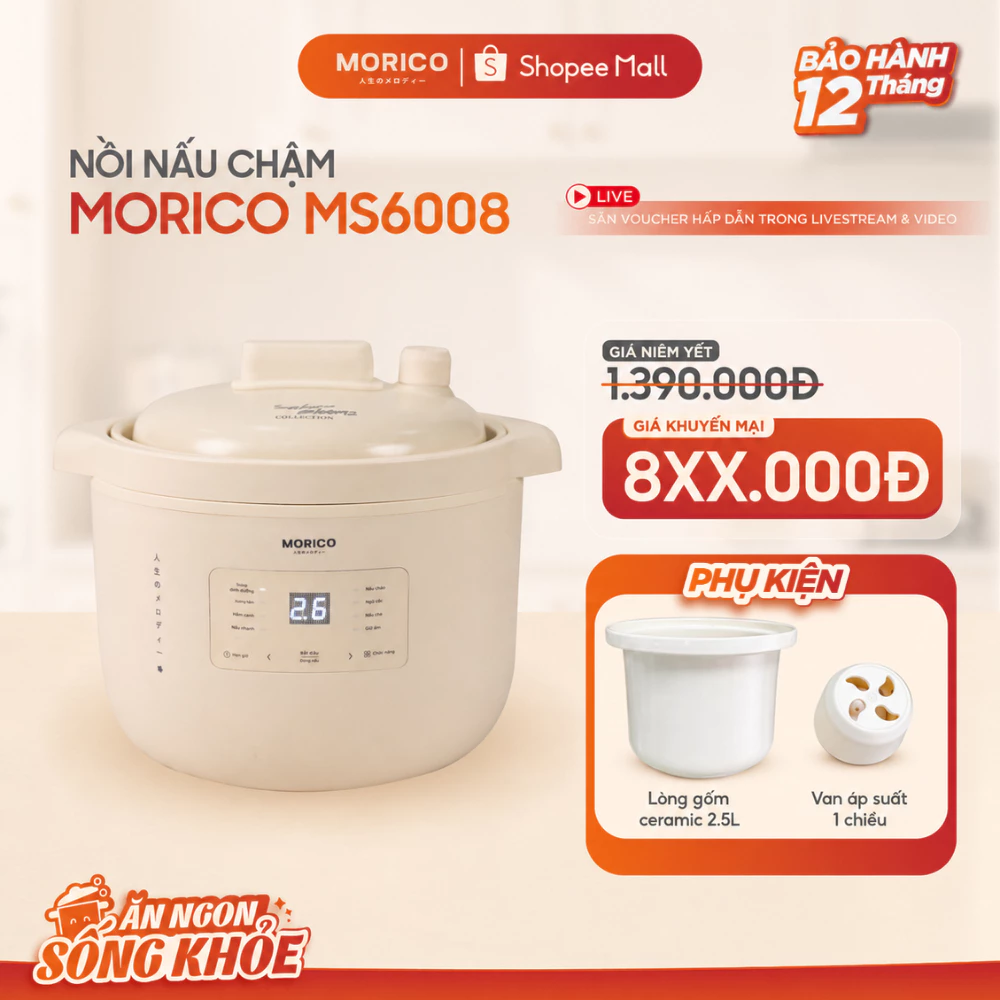 Nồi Nấu Chậm Morico MS6008 Dung tích 2.5L  – Nổi Kho Hầm Chậm, Lòng Gốm Ceramic An Toàn, 8 Chế Độ, Hẹn Giờ, Giữ Ấm