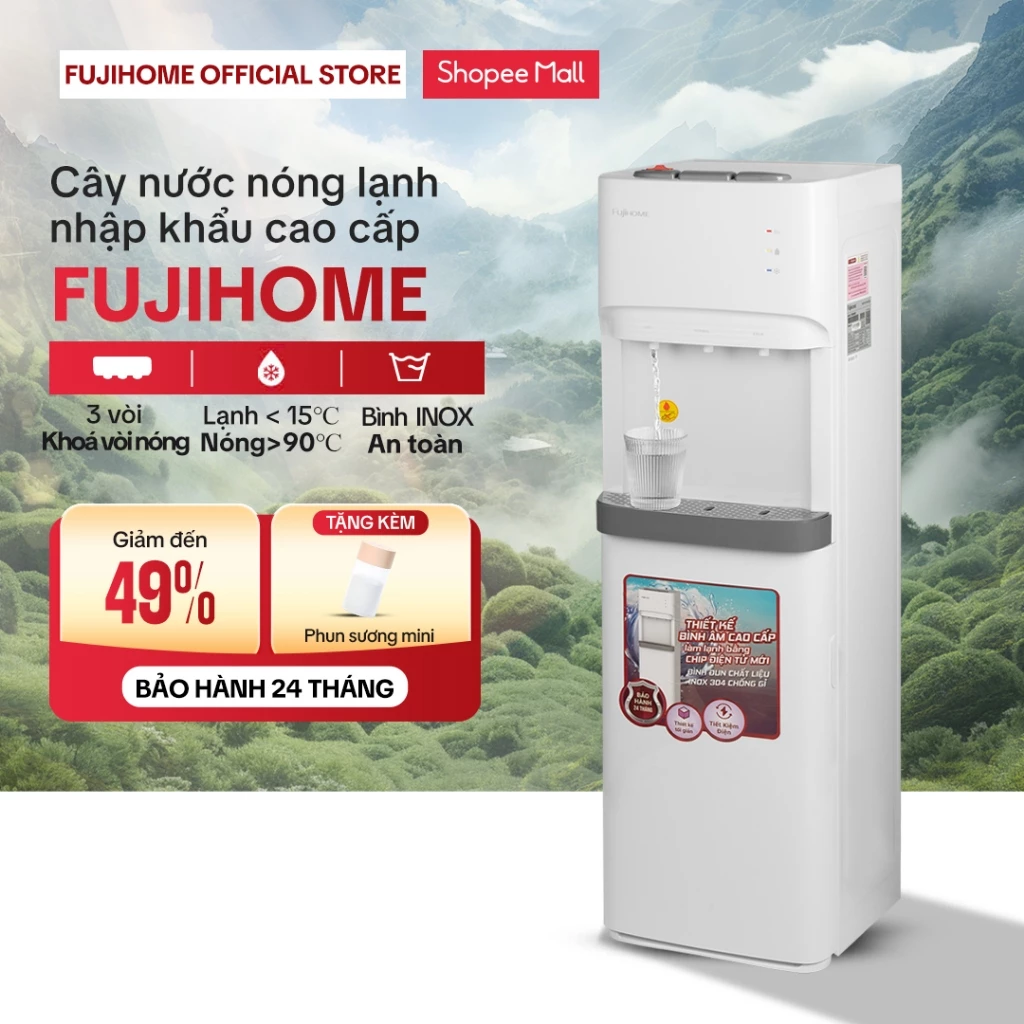 Cây nước nóng lạnh 2 vòi Nhập Khẩu Fujihome WD606ES tiết kiệm điện, máy nước uống nóng lạnh tự động dispenser water