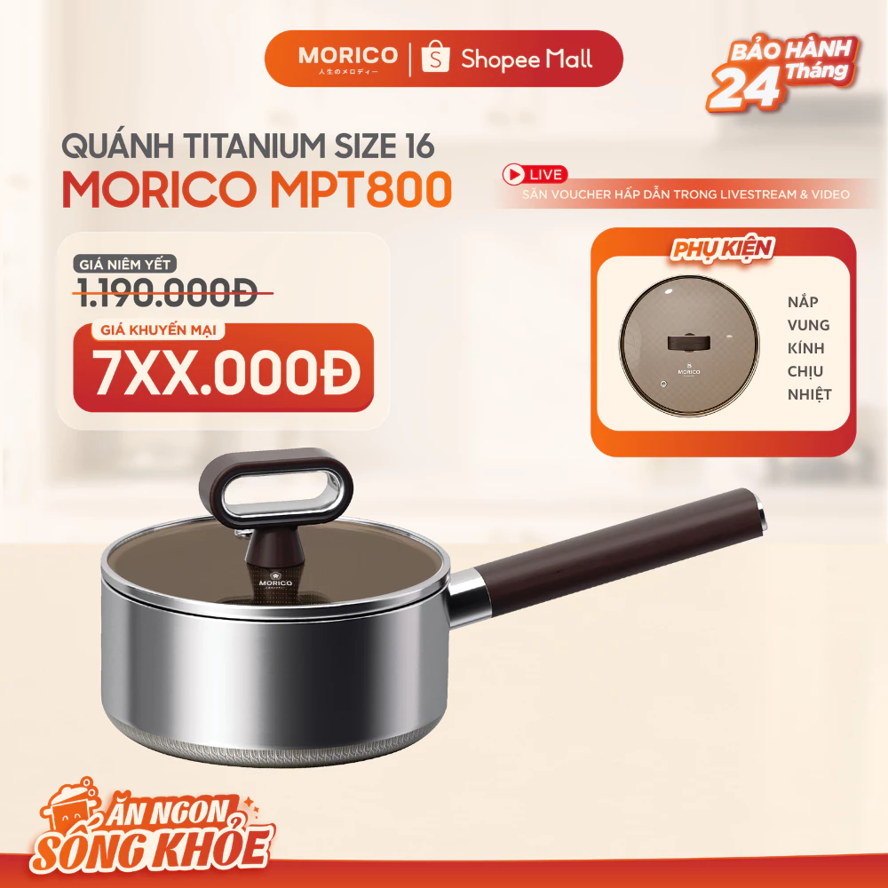 Quánh Bột Titanium MORICO MPT800 16cm 1.5L – Đúc Liền Khối, Titanium Shield An Toàn, Nấu Cháo Ăn Dặm, Có Vung Kính