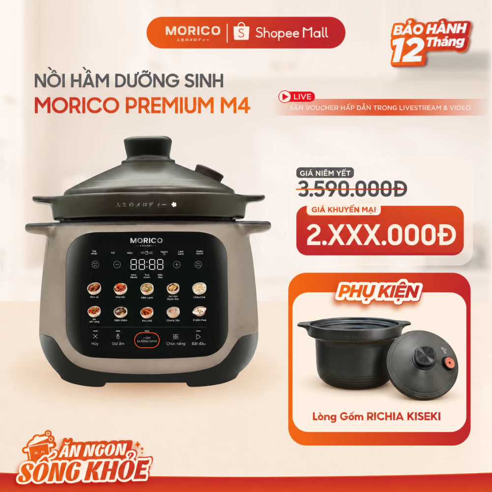 Nồi Hầm Dưỡng Sinh Morico Premium M4 4L Lòng Gốm Cao Cấp, Công Nghệ Vi Áp  Hầm Nhanh Gấp 2 Lần, Giữ Trọn Dinh Dưỡng