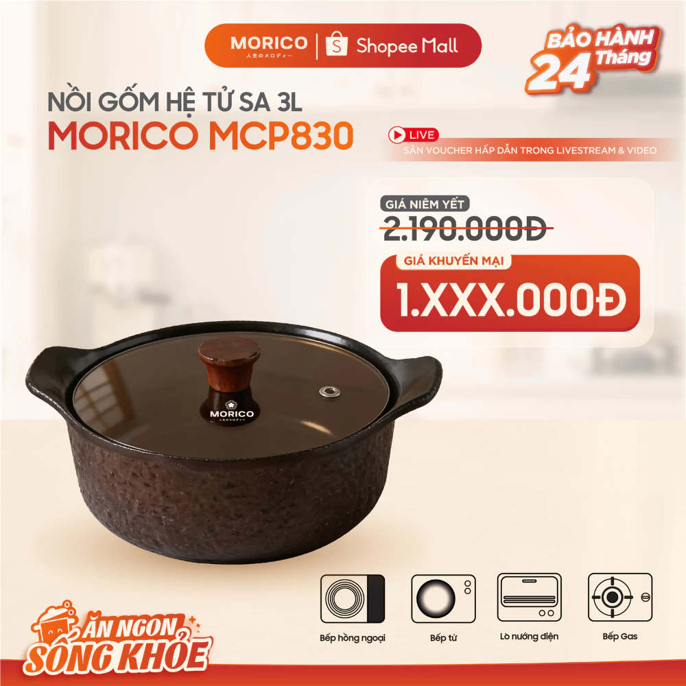 Nồi Gốm Tử Sa Morico MCP830 3L Cao Cấp - Dùng Mọi Loại Bếp, Đáy Từ IH 5 Lớp, Chống Dính Vật Lý