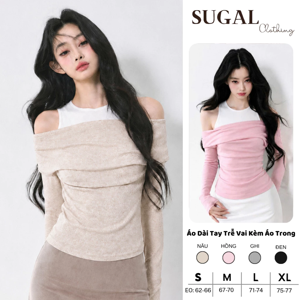 SUGAL - Áo Dài Tay Trễ Vai Thun Mỏng Kiểu Hàn Quốc - Kèm Áo Sát Nách Trắng Bên Trong - Basic Dễ Phối Đồ | TOP NU 328