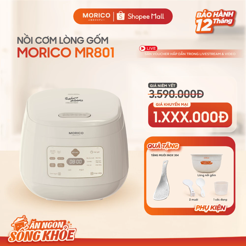 Nồi Cơm Điện Lòng Gốm Morico MR801 Cao Cấp_Dung Tích 1L, Nấu Cơm Niêu Chuẩn Vị, Không Phủ Chống Dính