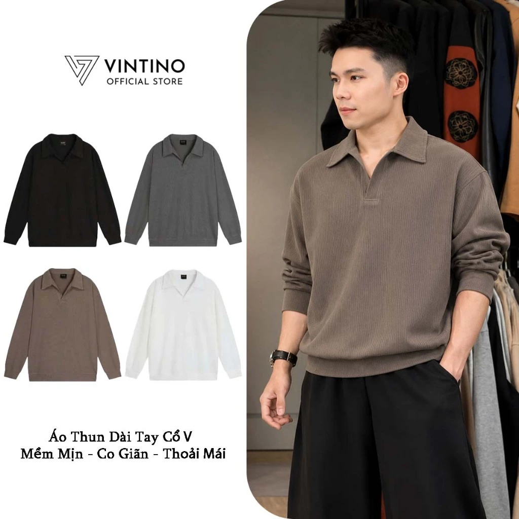 Áo Thun Dài Tay VINTINO Cổ V Polo Vải Thun Tăm Cho Nam Nữ Giữ Nhiệt Mùa Thu Đông Màu Đen Trắng PLDT01