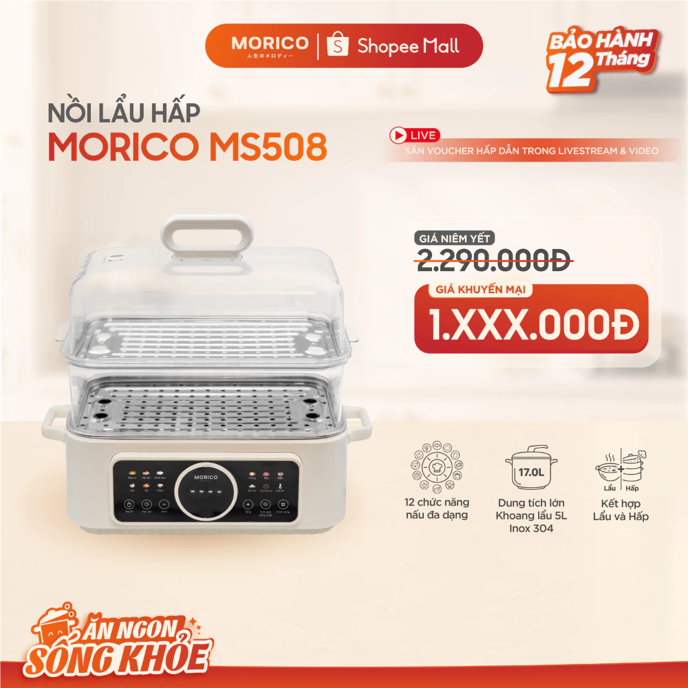 Nồi Lẩu Hấp Đa Năng MORICO MS508 Dung Tích –2 Tầng Hấp 1 Tầng Lẩu, Inox 304,12 Chế Độ Nấu Thông Minh