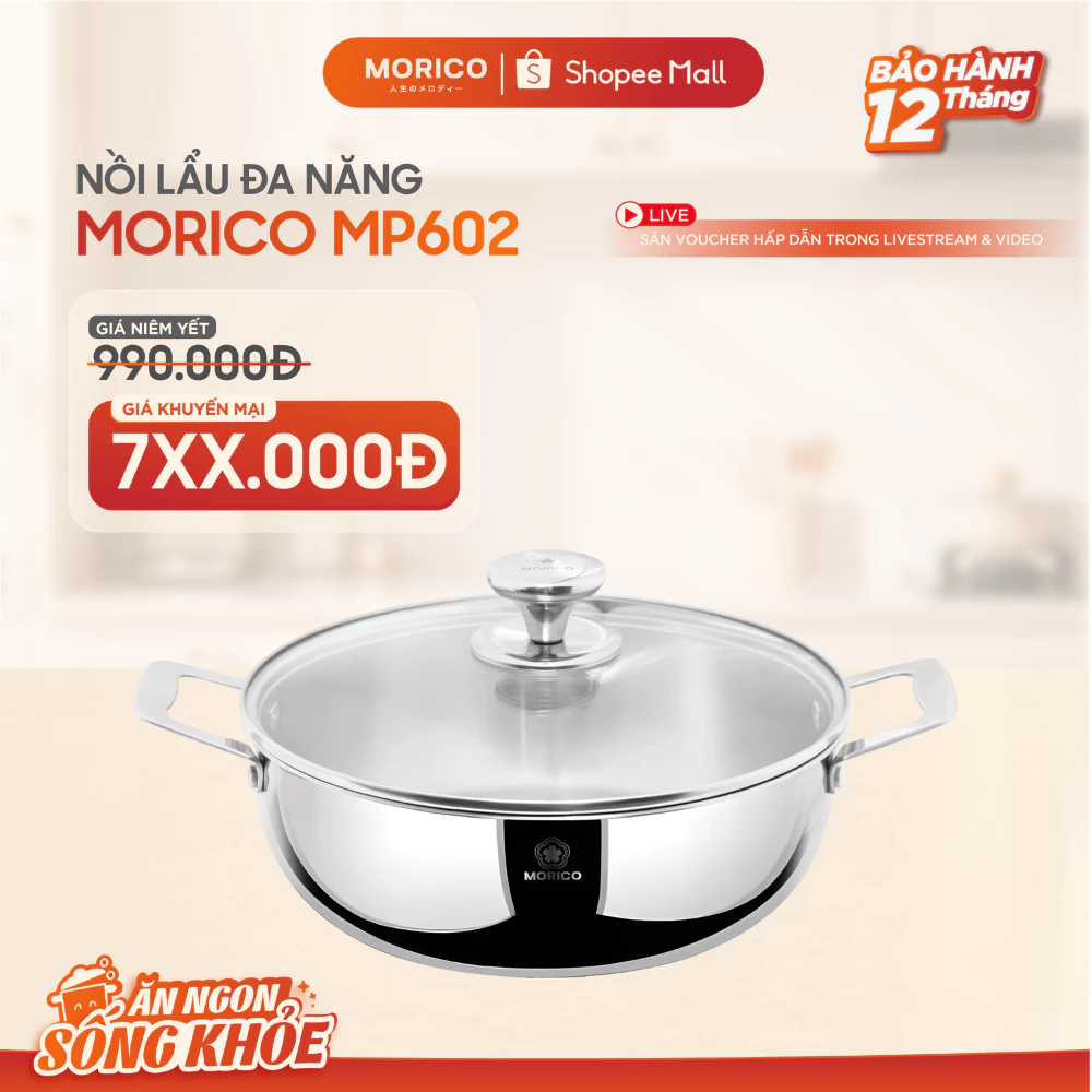 Nồi Inox 304 MORICO MP602 Dung Tích 5L – Nồi Lẩu Gia Đình Đa Năng Dùng Mọi Loại Bếp, Kèm Nắp Kính