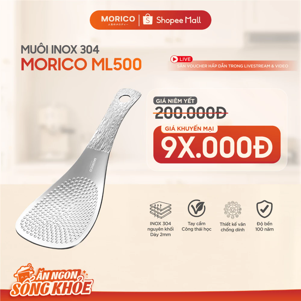 Muôi Inox 304 MORICO ML500 Dập Nổi Chống Dính, Múc Cơm Chắc Tay, Không Trầy Nồi, An Toàn Sức Khỏe