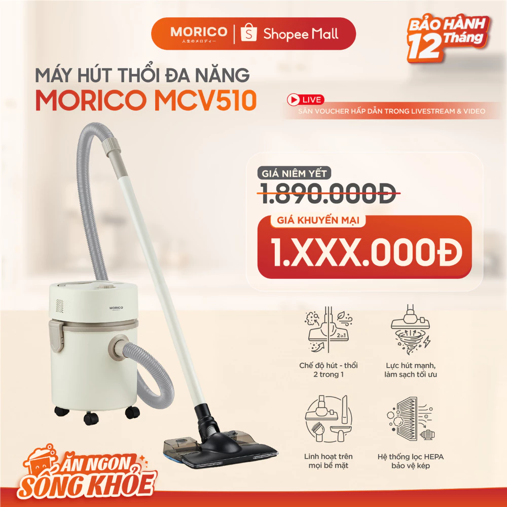 Máy Hút Thổi Bụi MORICO MCV510 Công Suất 1000W – Lực Hút Mạnh, Hút Lông Tóc, Hút Khe Góc, Thổi Bụi Đa Năng 2 Chiều